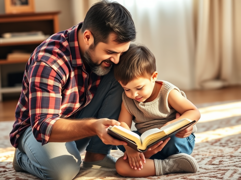 Picture of Father reading the Bible with his young son.
