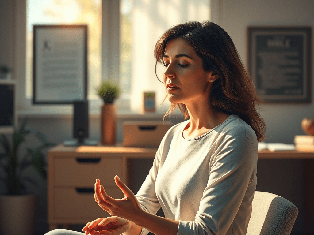 A young woman relaxes, focusing on being calm.